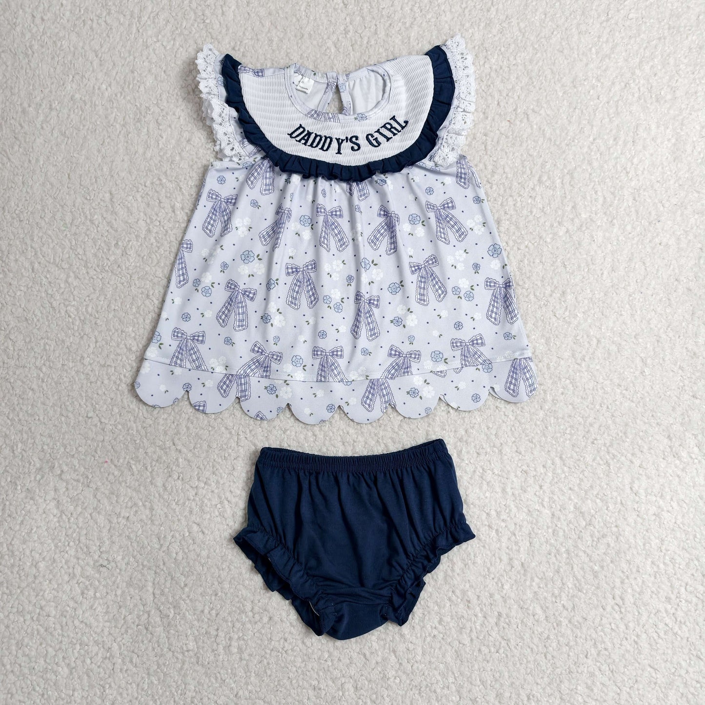 GBO0519 RTS NO MOQ (In stock)Smocked Daddy's Girl Flowers Bows Tunic Bummies Clothes Sets