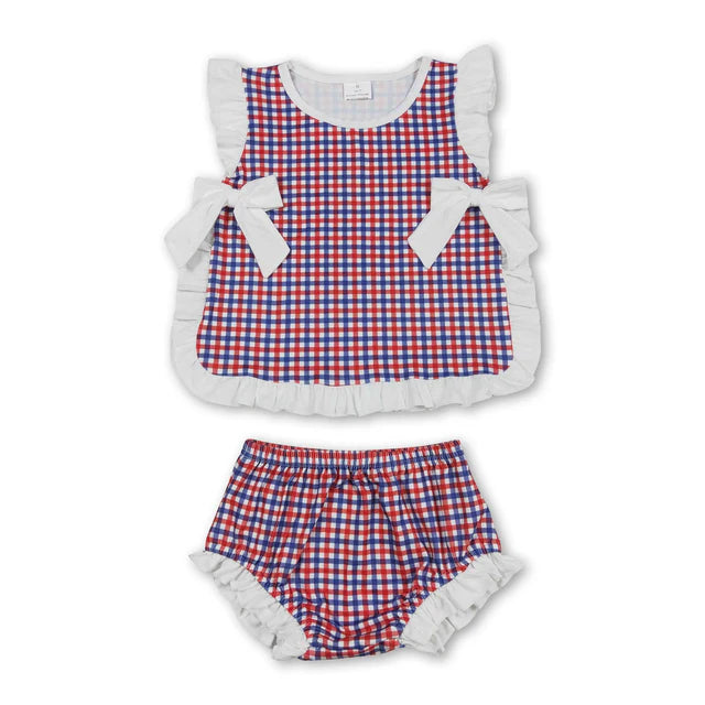 RTS Sibling Baby Boys Girls Bows Checkered Tunic Bummies Clothes Sets
