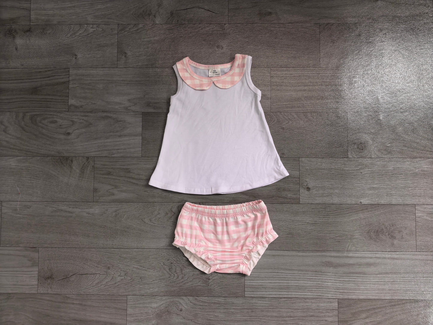 6.29 GBO0538 (GT1706+SS0939)Sample No Moq Baby Girls Light Pink Checked Tunic Bummies Clothes Sets