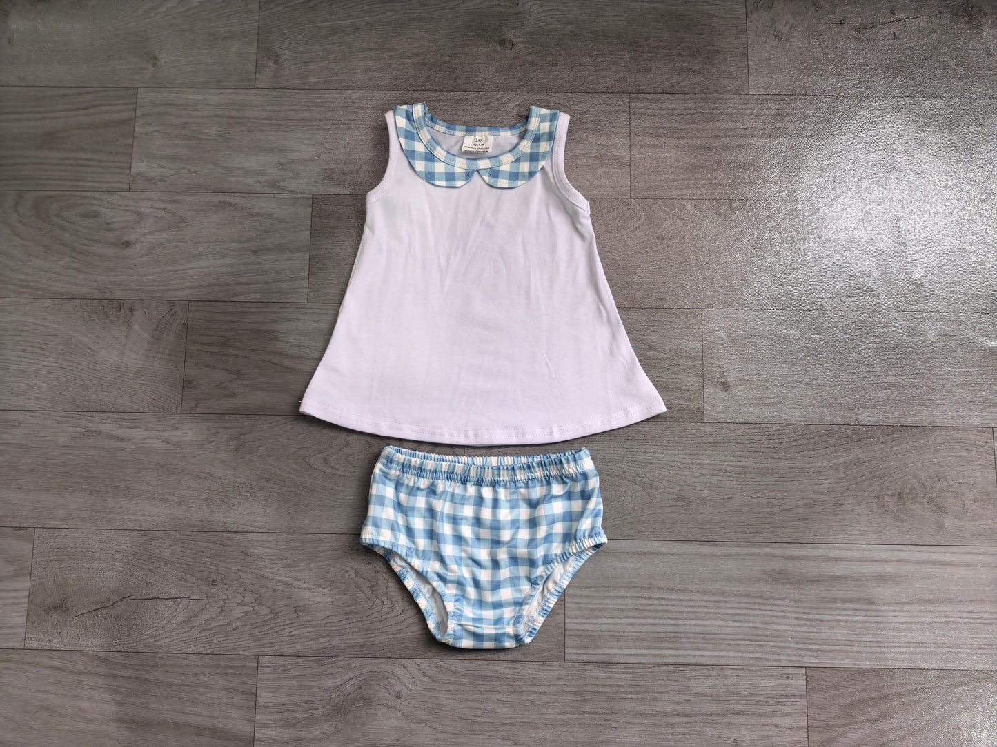 6.29 GBO0539(BT1847+SS0352)Sample No Moq Baby Boys Light Blue Checked Tunic Bummies Clothes Sets