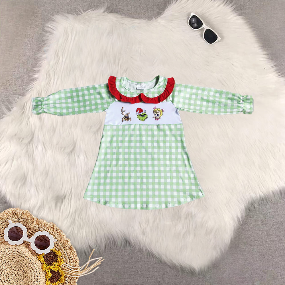 8.21 RTS Sibling Baby Green face embroidery plaid tunic ruffle pans girls Christmas clothing