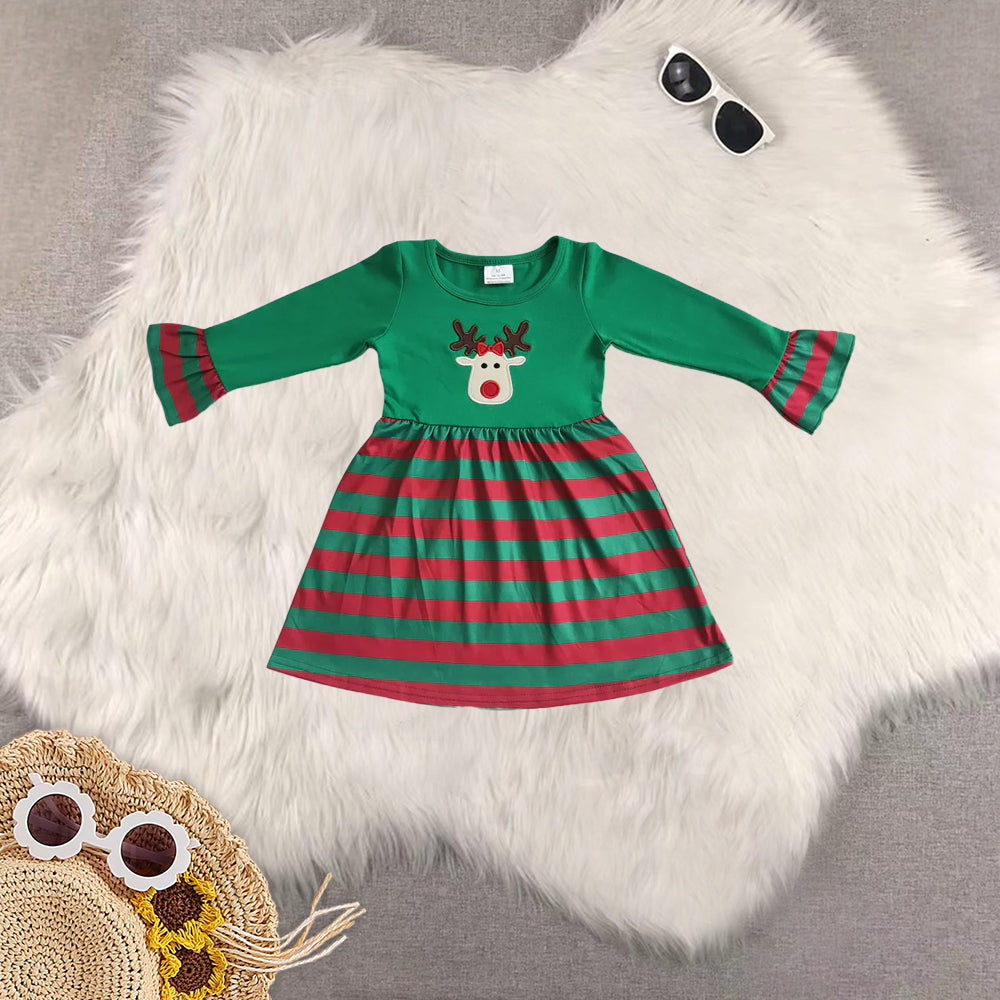 8.21 RTS Sibling Baby Boys Girls Reindeer embroidery tunic stripe pants kids girls Christmas clothes