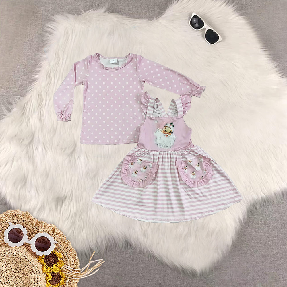 8.20 RTS Sibling Pink shirt santa suspender dress girls Christmas set