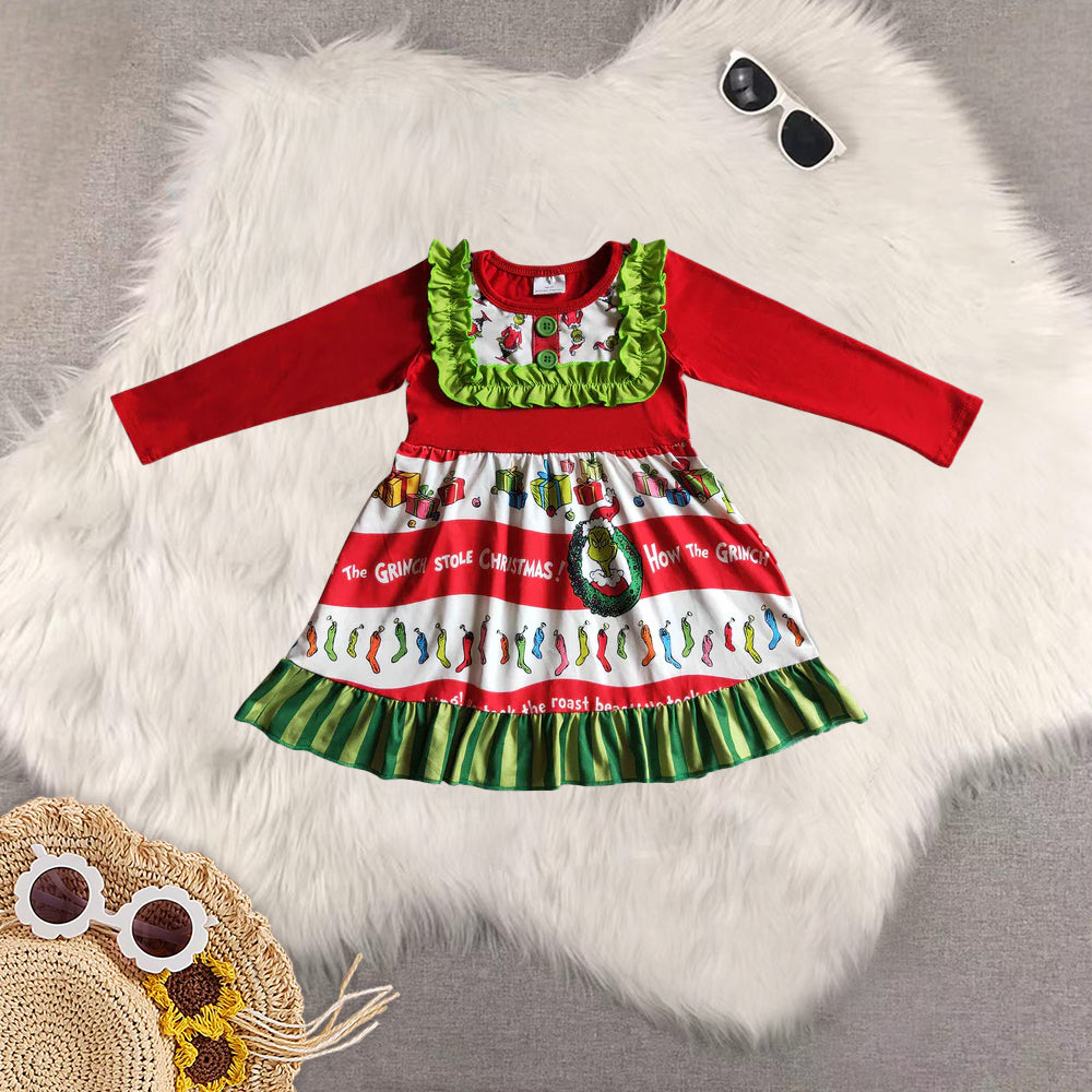 8.23 RTS Sibling Baby Girls Green face long sleeve panel twirl baby girls Christmas dresses