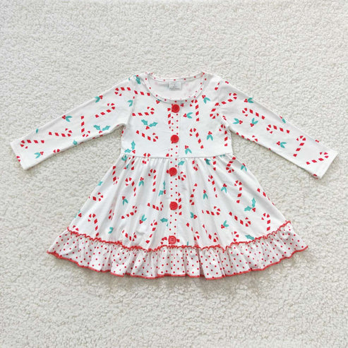 10.30 RST Sibling Baby Girls Holly Candy Cane Plaid Christmas Ruffle Knee Length Dresses
