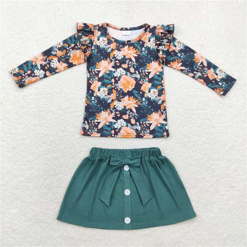 USA Warehouse (IN STOCK) GLD0590 Kids Girls Long Sleeve Floral Tunic Skirt Set Elegant Autumn Clothing for Children