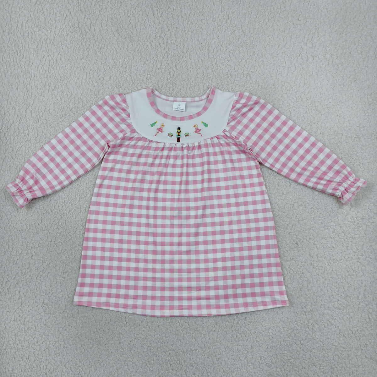 RTS NO MOQ (In stock)milk silk GLD0610 Embroidery Baby Girls Trees Print Pink Checked Knee Length Dress
