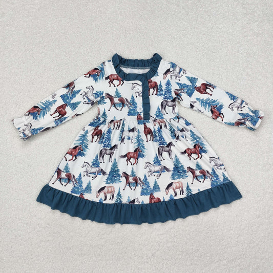 GLD0675 Baby Girls Christmas Western Horse Ruffle Knee Length Dresses