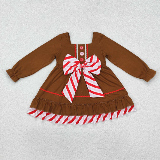 GLD0758 Baby Girls Brown Gingerbread Bow Knee Length Dresses Preorder