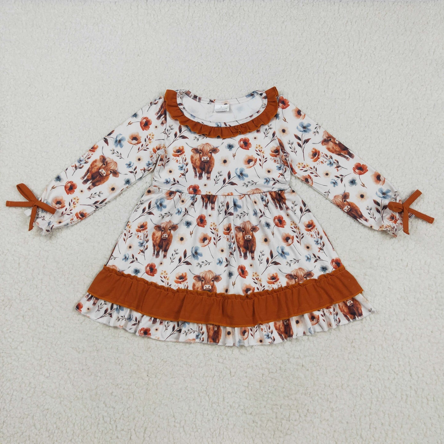 RTS NO MOQ (In stock)GLD0784 Baby Girls Winter Dress Baby Girls Western Flowers Highland Cow Knee Length Dresses