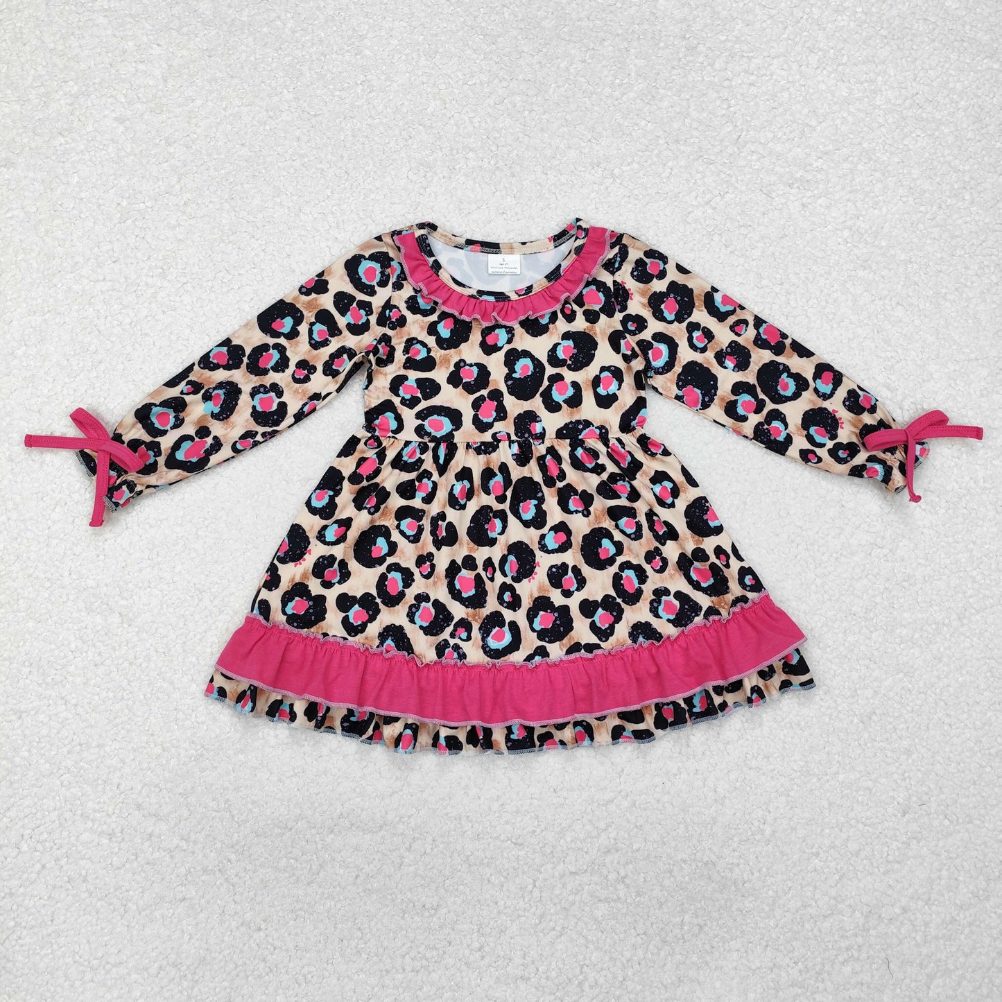GLD0832 Baby Girls Pink Leopard Ruffle Knee Length Dresses