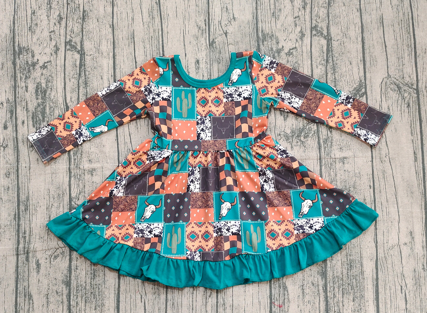 9.27 GLD0837 Sample No Moq Baby Girls Western Cow Aztec Knee Length Dresses
