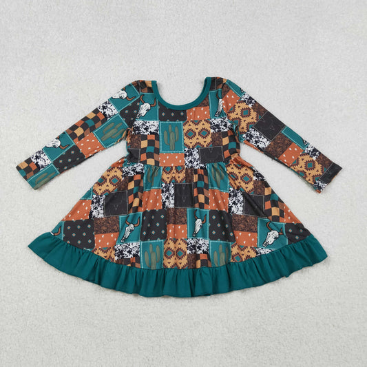 10.17 RTS NO MOQ (In stock)GLD0837 Baby Girls Winter Dress Baby Girls Western Cows Aztec Ruffle Knee Length Dresses