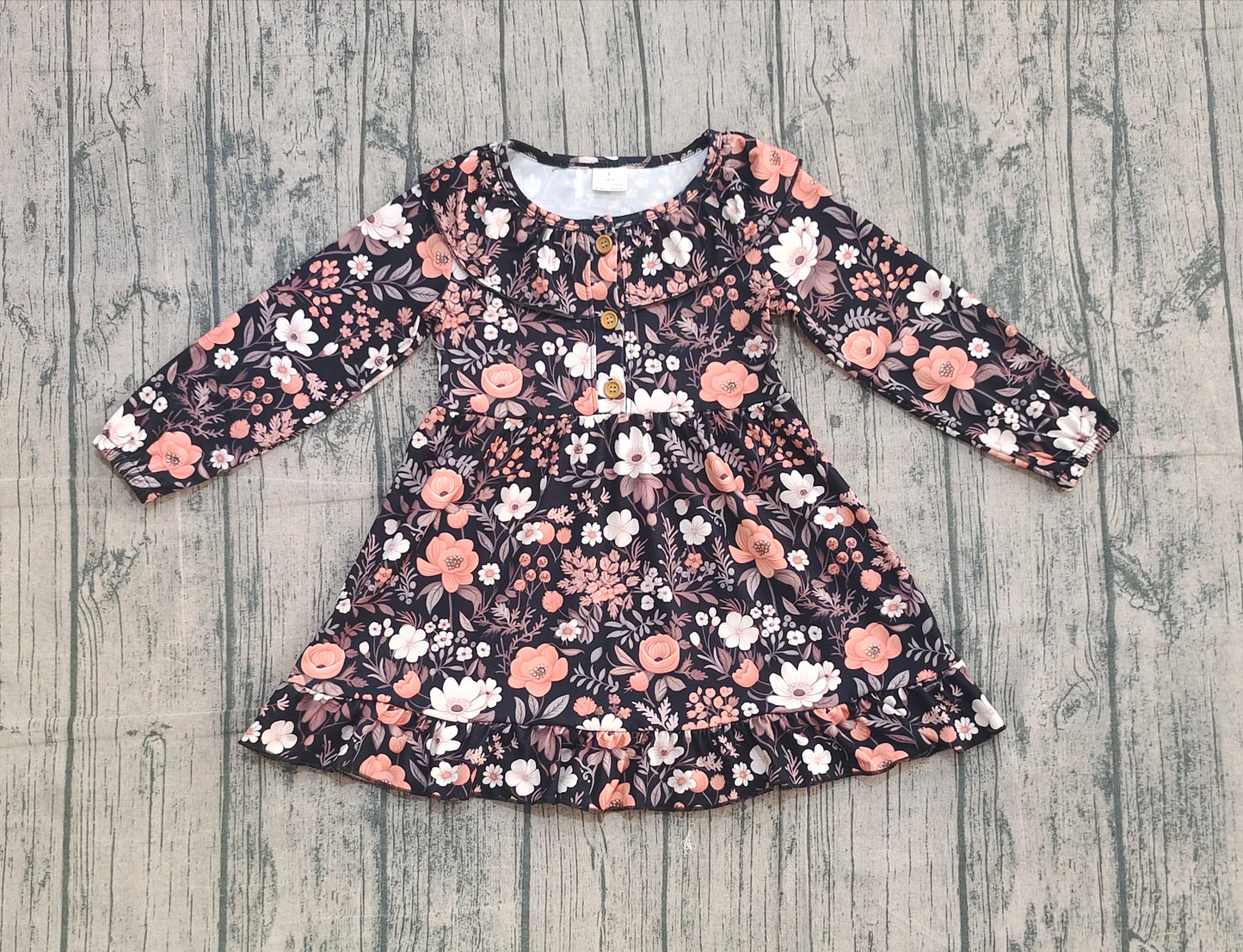 10.17 GLD0842 Sample No Moq Baby Girls Fall Black Brown Flowers Ruffle Knee Length Dresses