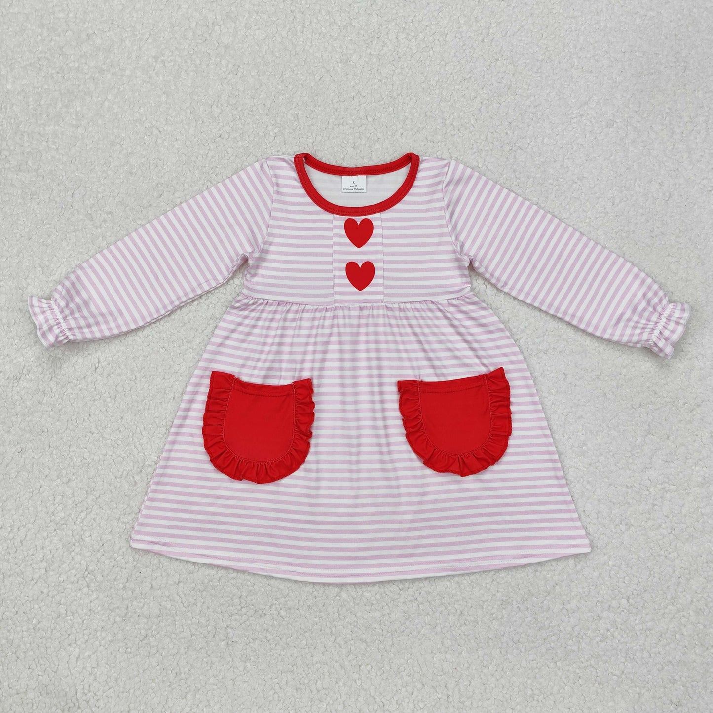 GLD0853 Pink stripe heart pockets baby girls Valentine's dress