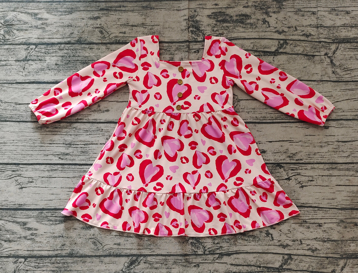 GLD0873Long sleeves pink heart ruffle girls valentine's day dress