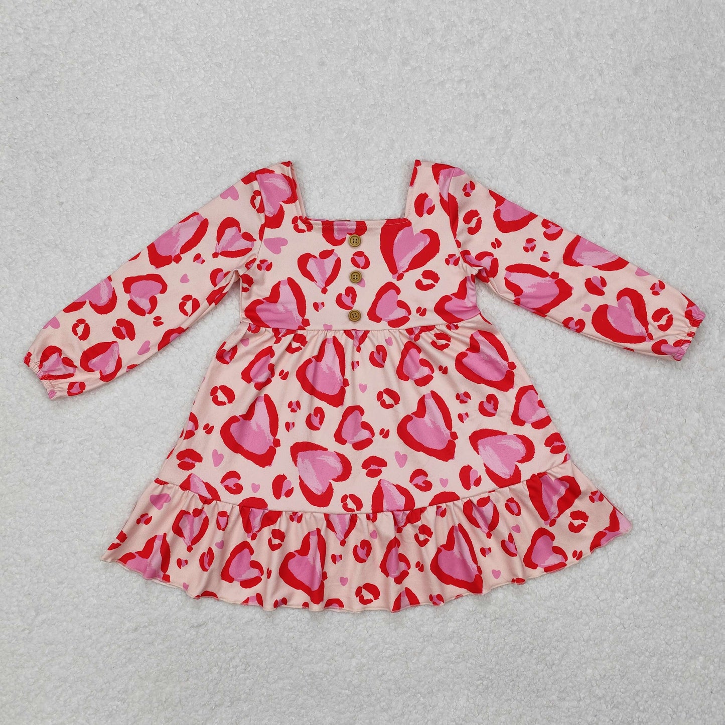 GLD0873Long sleeves pink heart ruffle girls valentine's day dress