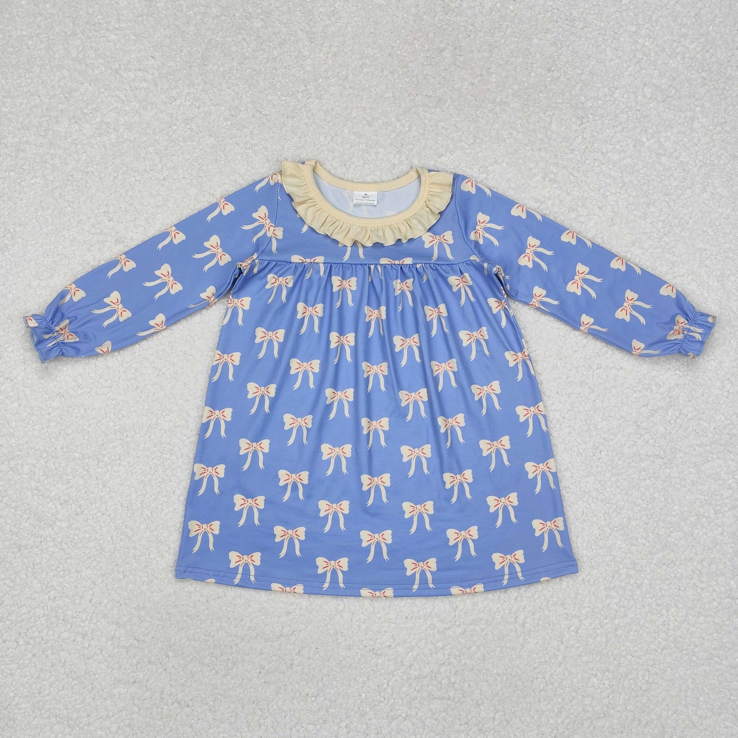 GLD0897 RTS Beige ruffle bow long sleeves kids girls dresses