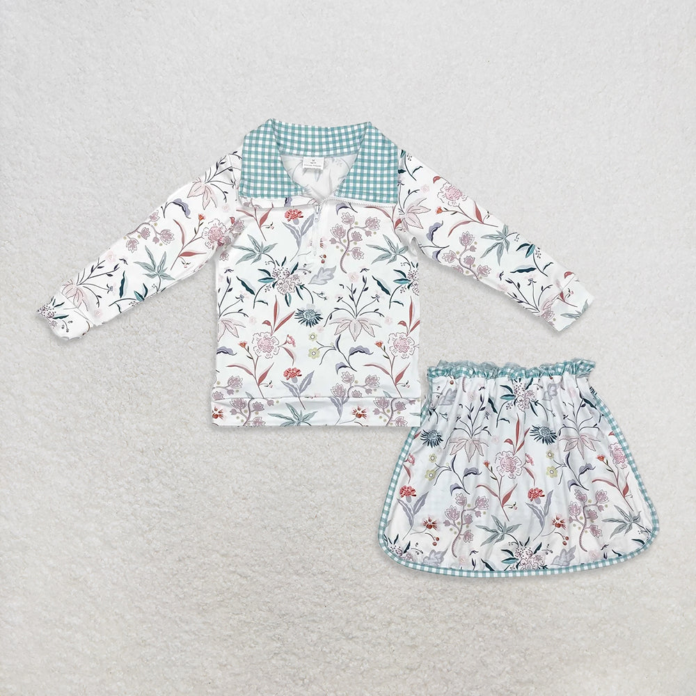10.17 RTS Sibling Baby Girls Flowers Long SleeveZip Top Skirt Skort Bottoms Sets