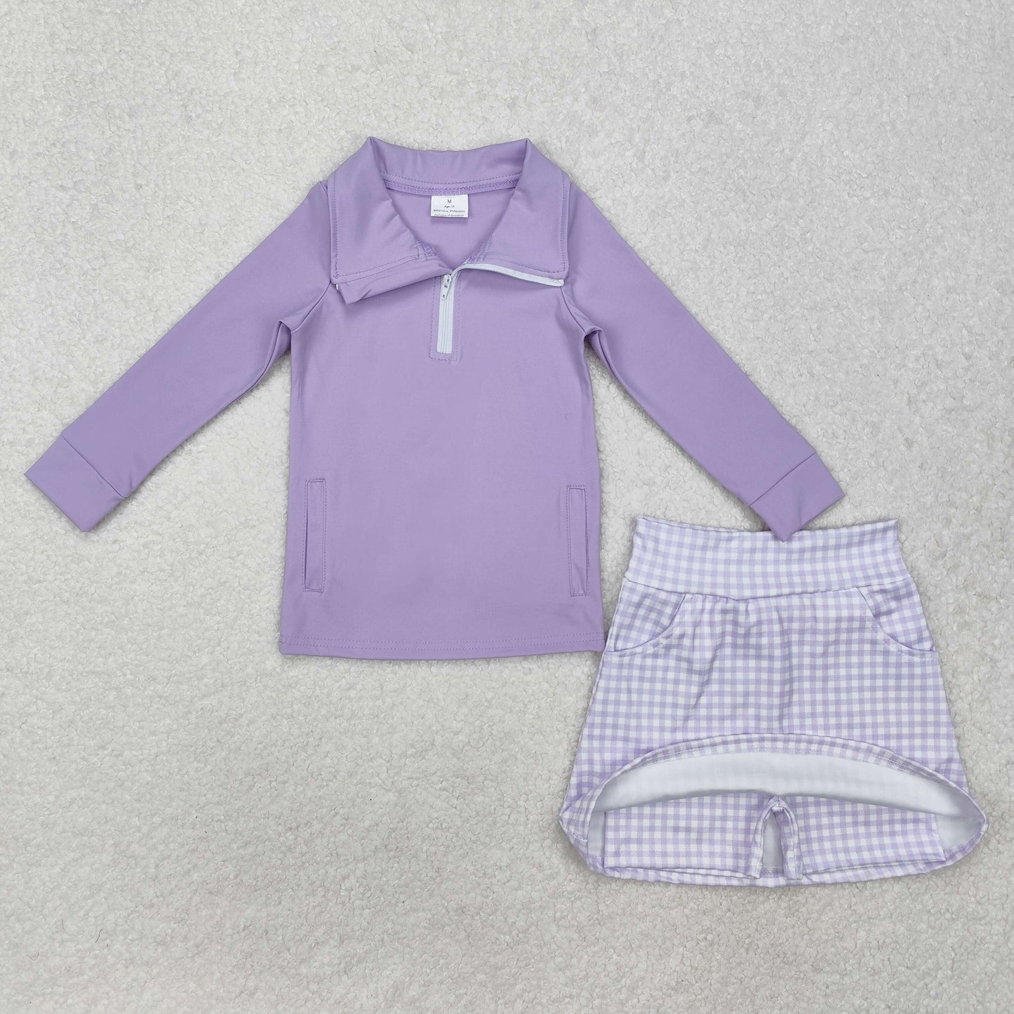 GLD0985Long sleeves lavender top plaid skirt girls yoga clothes