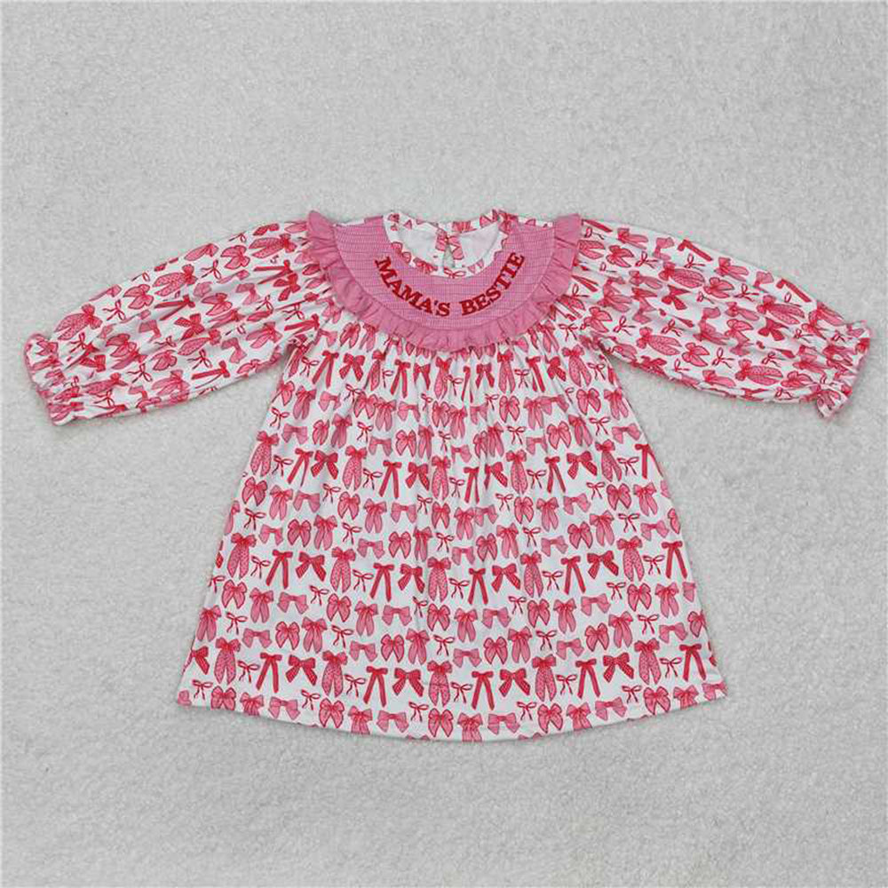 GLD0990Kids Girls Long Sleeve Pink Bow Dress Mama's Bestie Elegant Children's Fashion Dress for Special Occasions