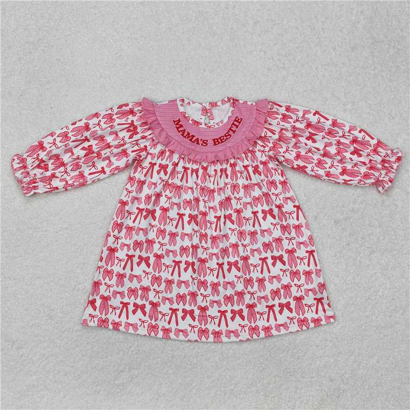 7.16 RTS NO MOQ Long sleeves pink bow mama's bestie kids girls dresses rompers