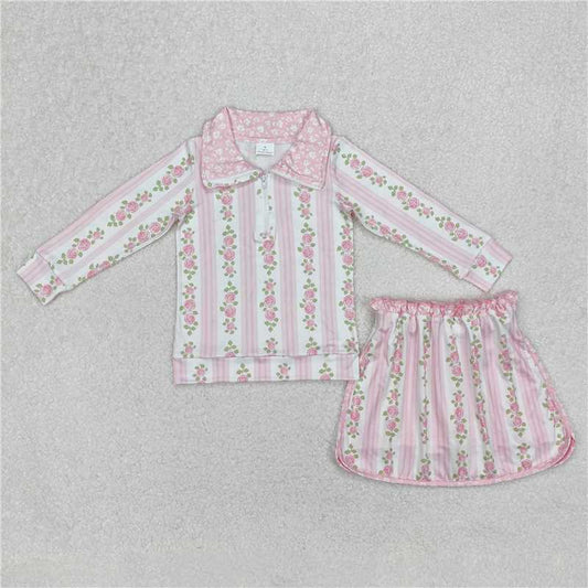 USA Warehouse (IN STOCK) GLD1002 Kids Girls Pink Stripe Floral Pullover Skirt Set Floral Print Pullover Skirt for Girls Floral Clothing Set for Girls