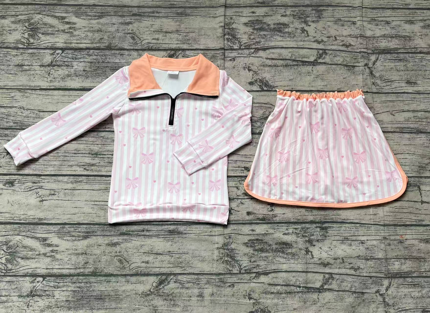 GLD1004Baby Girls Pink Long Sleeves Bows Stripe Zipper Pullover Ruffle Skirts Valentines Set