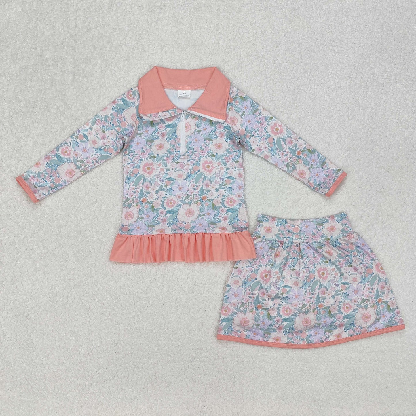 GLD1010Baby Girls Pink Flowers Skort Set with Zip Top And Ruffle Skirt Bottoms Outfit for Infants Toddler Girls Pink Floral Print