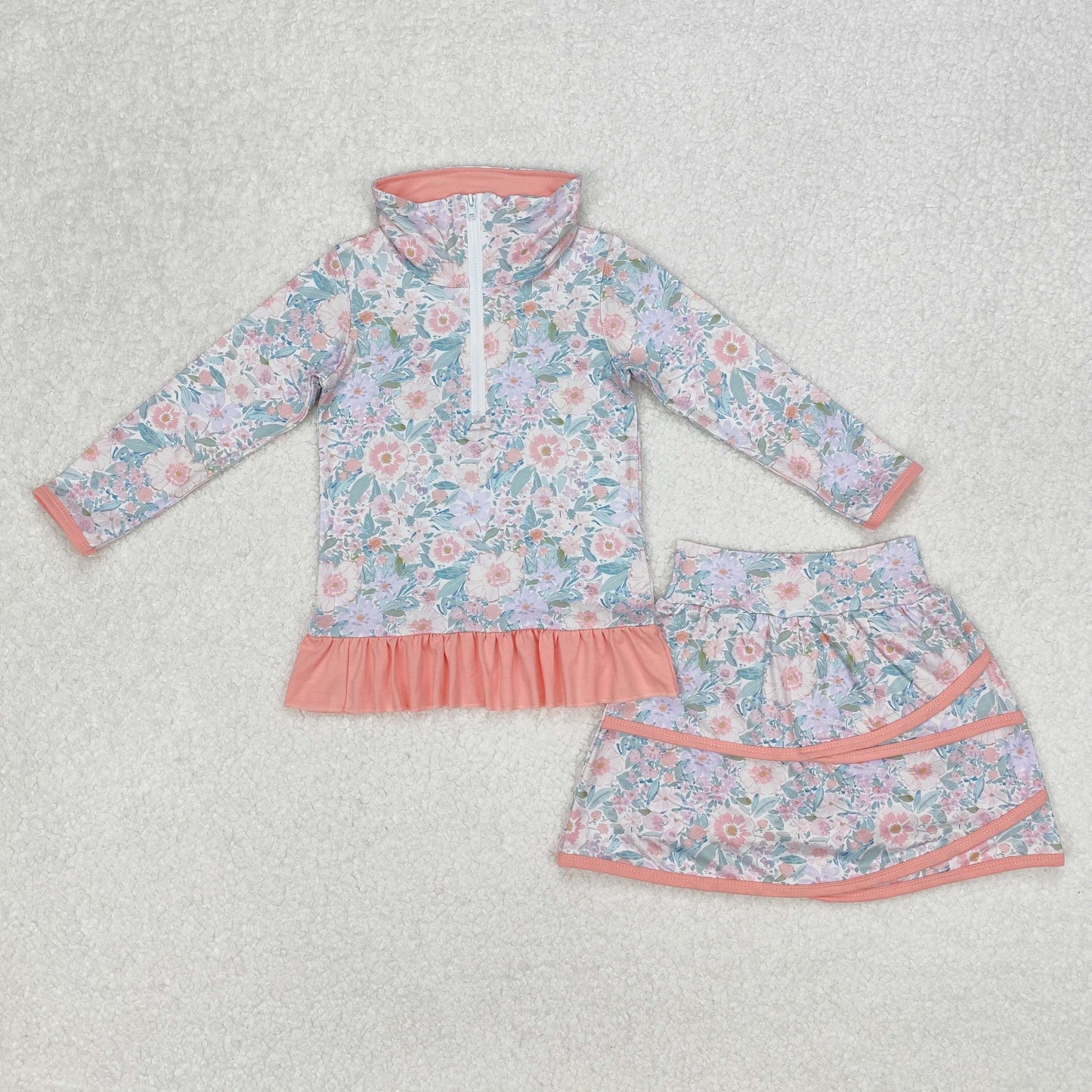 GLD1010Baby Girls Pink Flowers Skort Set with Zip Top And Ruffle Skirt Bottoms Outfit for Infants Toddler Girls Pink Floral Print
