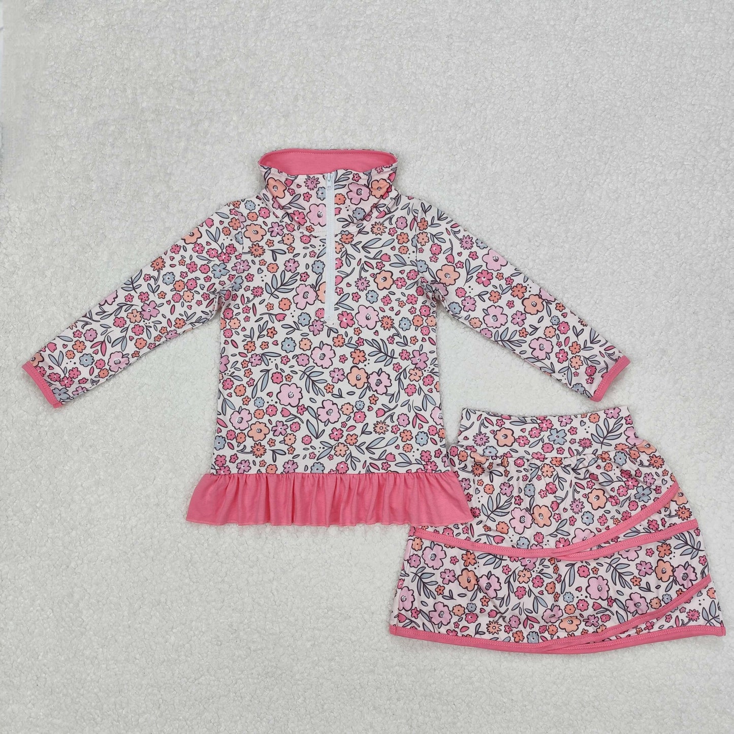 GLD1011Baby Girls Bright Pink Floral Zip Top Skort Set Cute Ruffle Skort Bottoms Outfit for Little Girls