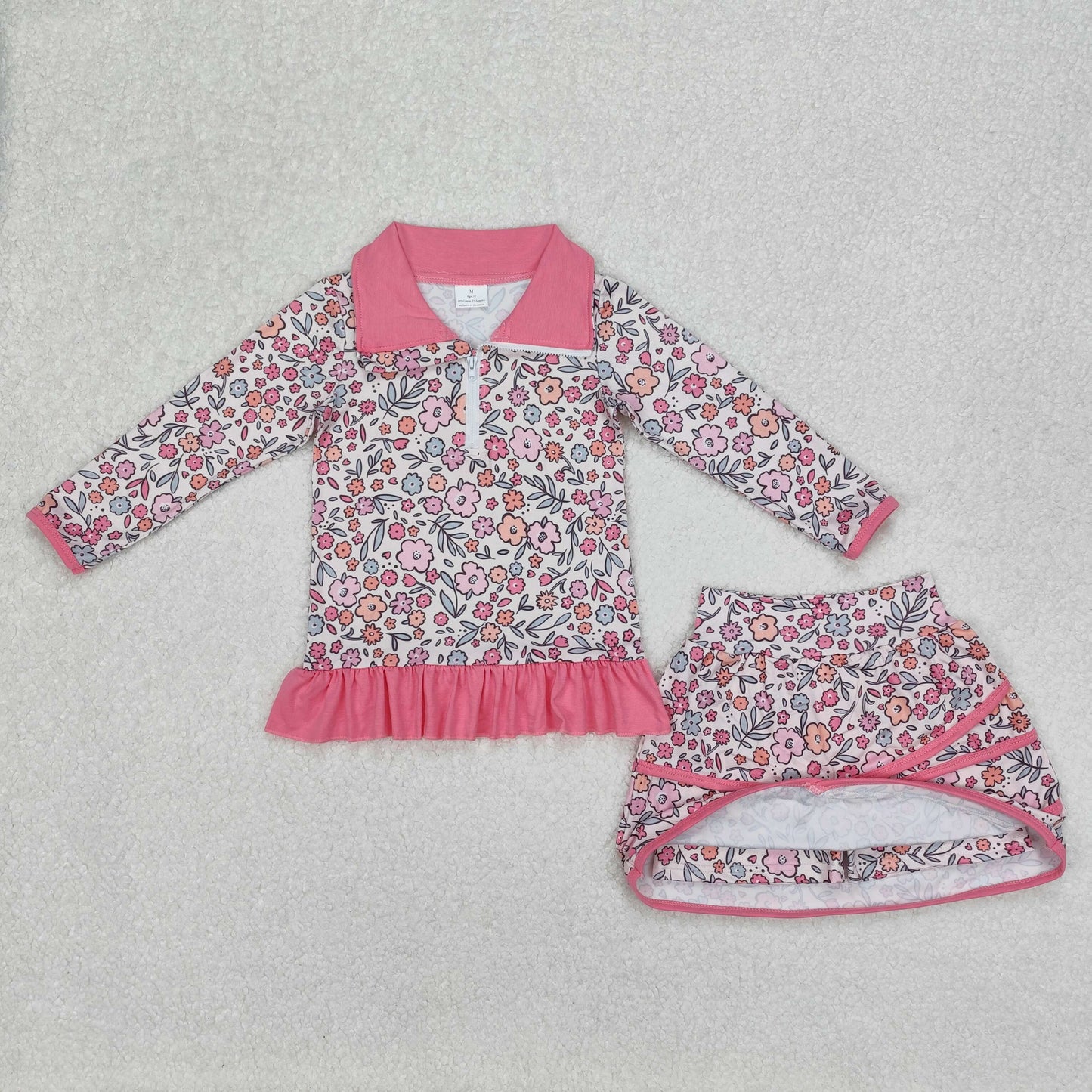 GLD1011Baby Girls Bright Pink Floral Zip Top Skort Set Cute Ruffle Skort Bottoms Outfit for Little Girls