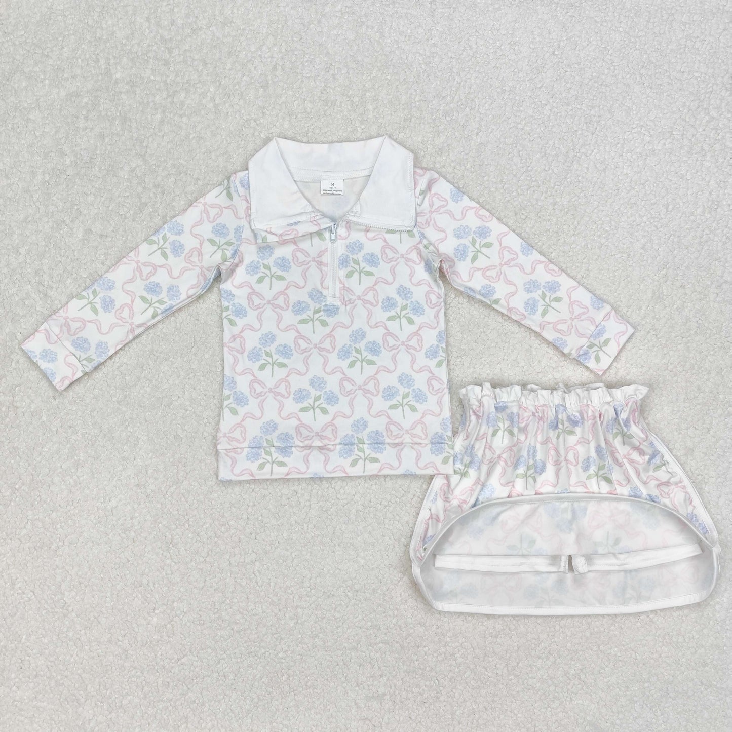 GLD1012Baby Girls Bow Flowers Zip Top Skort Set Cute Floral Outfit Toddler Girl Clothing Set