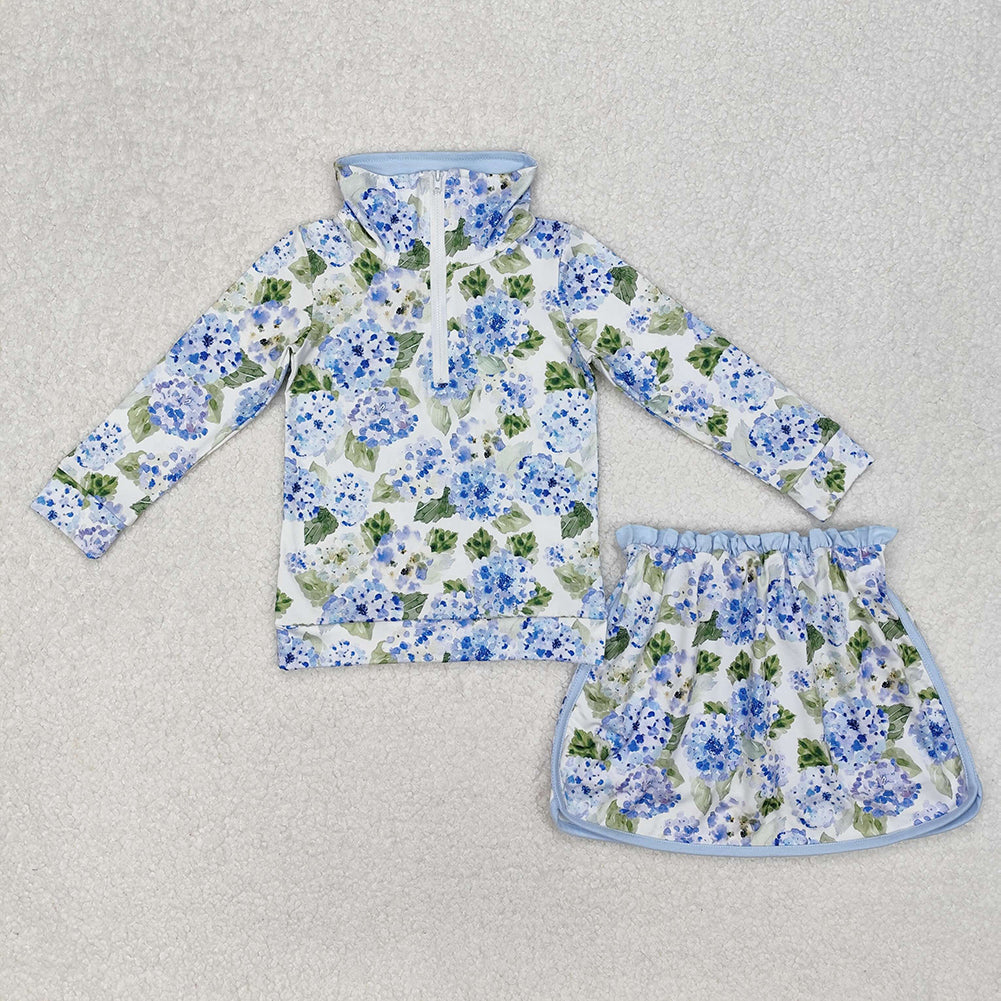 GLD1016Kids Girls Light Blue Floral Long Sleeve Top Skirt Set Cute Floral Print Outfit for Children