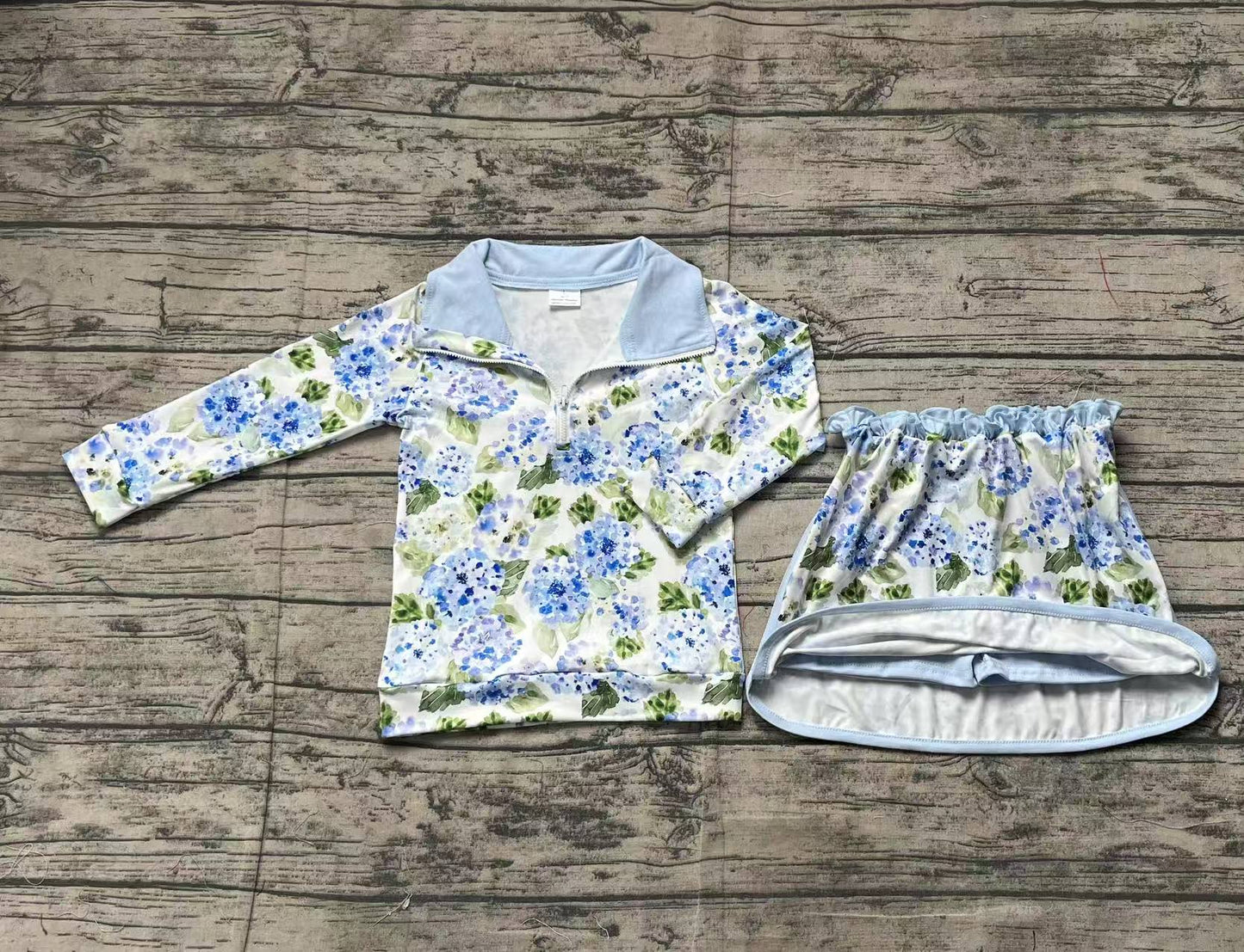 GLD1016Kids’ Girls’ Fashionable Light Blue Floral Long Sleeve Top and Skirt Ensemble