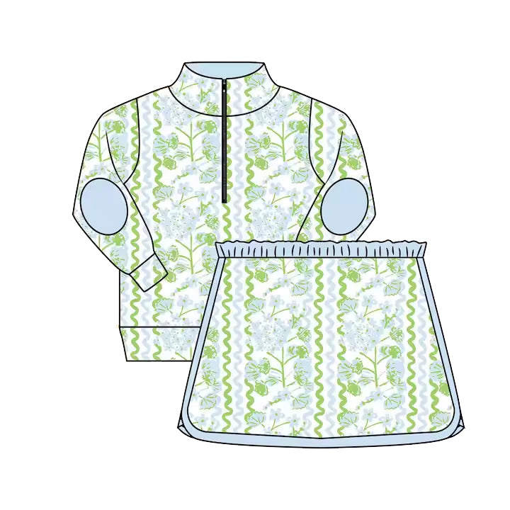 GLD1017Girls Long Sleeve Green Floral Pullover Skirt Cute Casual Spring Summer Autumn Clothes for Kids
