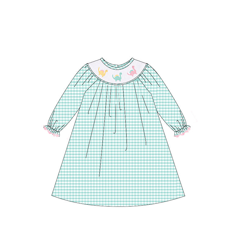 6.06 GLD1022 Pre order Green plaid long sleeves dinosaur kids girls dresses