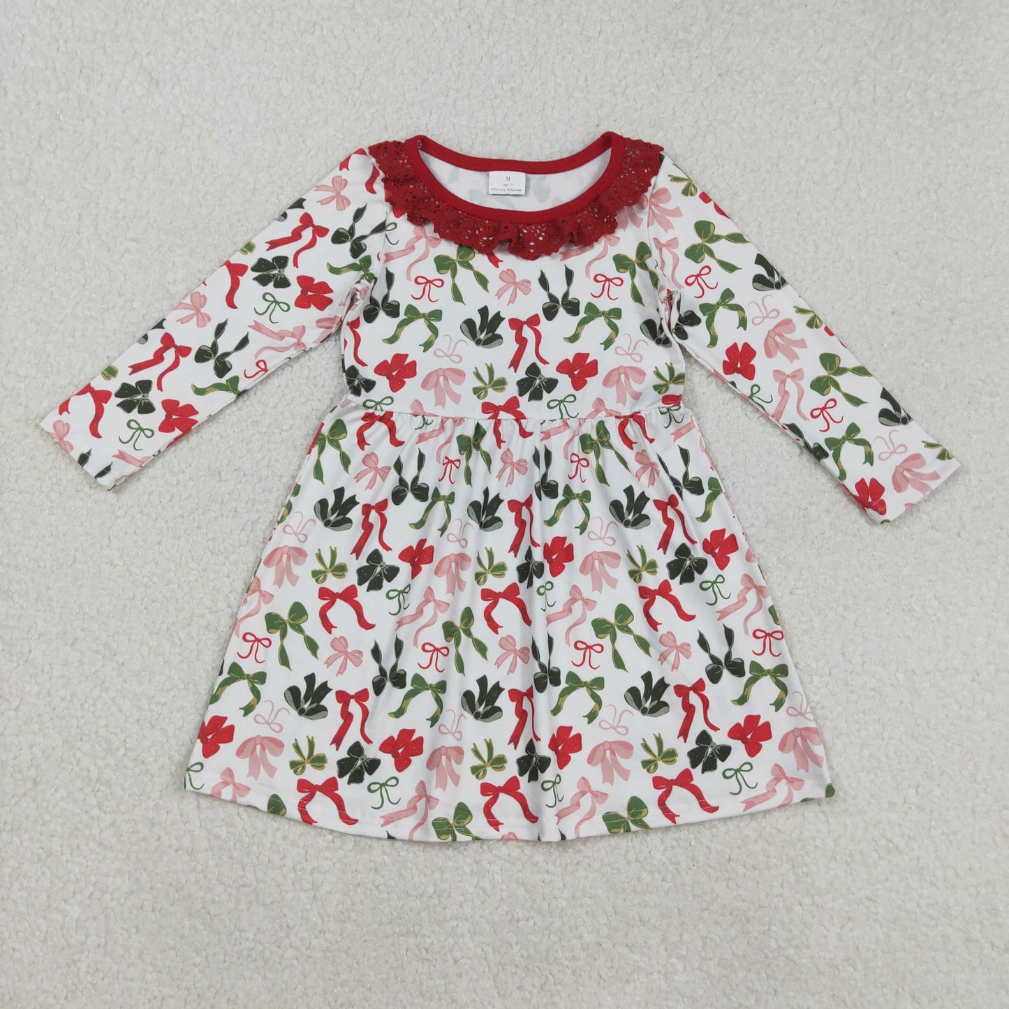 RTS NO MOQ (In stock)GLD1036 Baby Girls Winter Dress Colorful Bows Christmas Lace Ruffle Knee-Length Dress