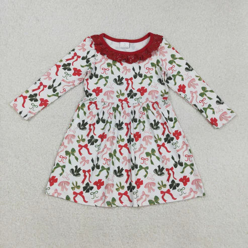 9.24 RTS Sibling Baby Girls Green Red Bows Long Sleeves Christmas Knee Length Dresses