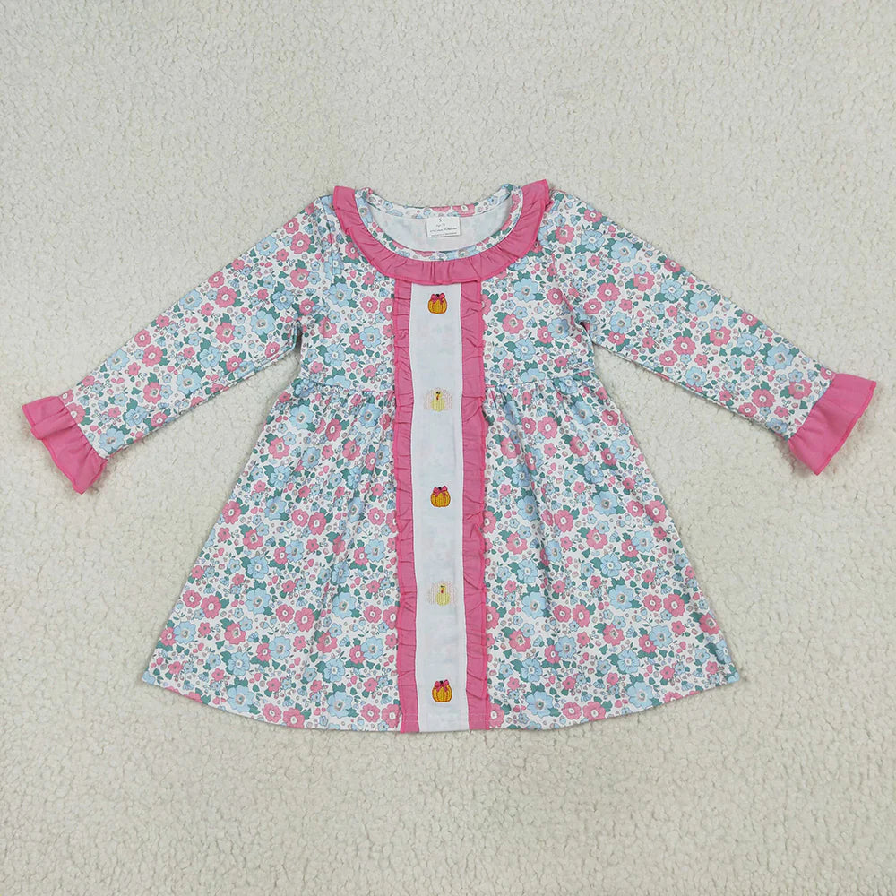 10.3 RTS Sibling Embroidery Baby Girls Floral Turkey Pumpkins Rompers Dresses Sets