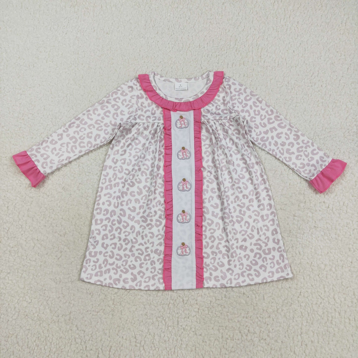 RTS NO MOQ (In stock)GLD1054 Baby Girls Winter Dress Embroidery Pumpkins Baby Girls Pink Leopard Fall Knee Length Dresses