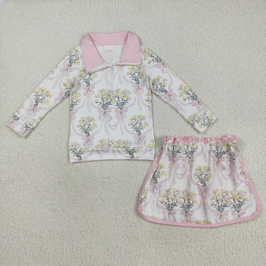 RTS NO MOQ (In stock)GLD1078 Baby Girls Outfits Baby Girls Pink Bows Flowers Plaid Half Zip Pullpvers Skorts Set