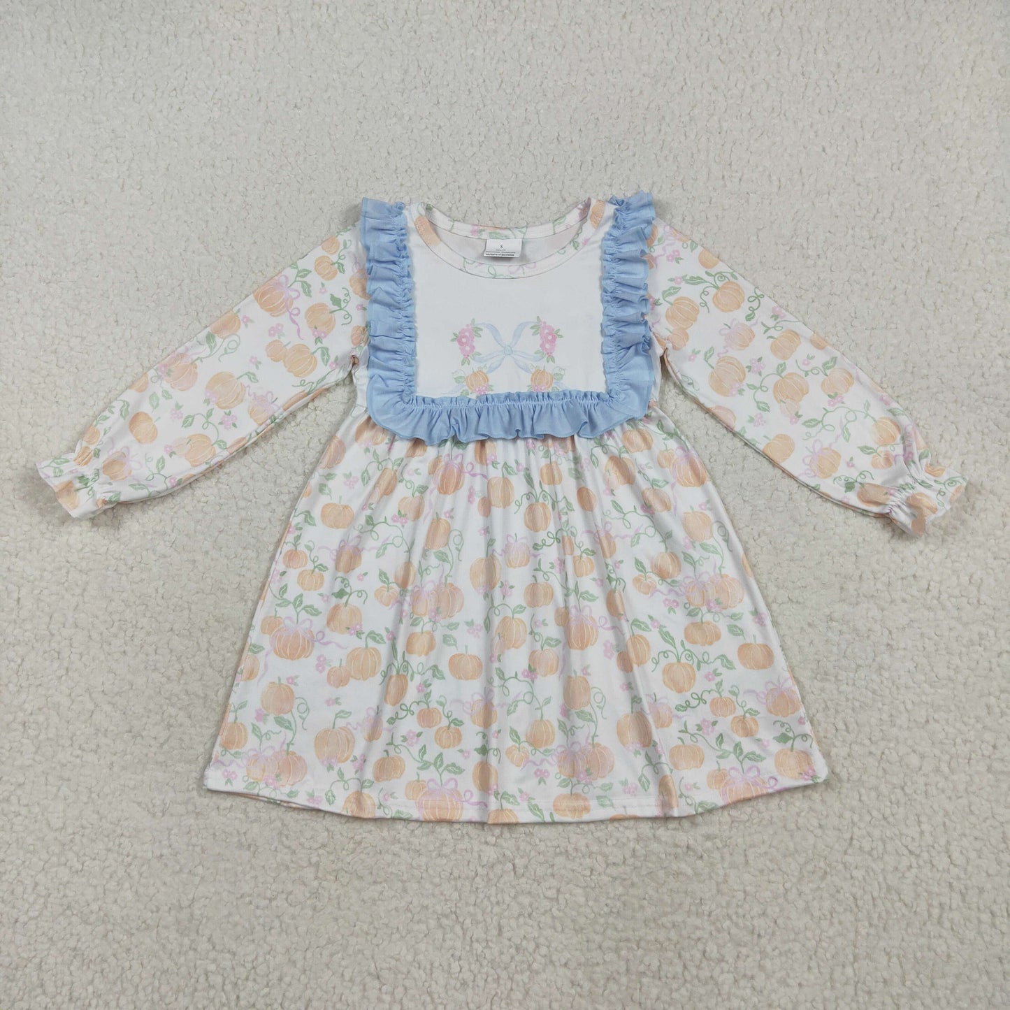 RTS NO MOQ (In stock)GLD1084 Baby Girls Winter Dress Baby Girls Long Ruffle Sleeves Light Blue Pumpkins Knee Length Dresses