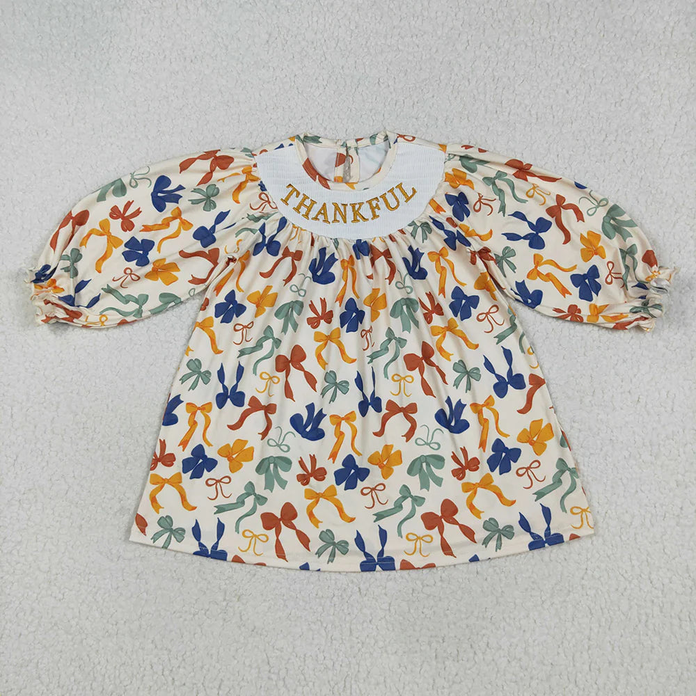 10.1 RTS Sibling Smocked Embroidery Baby Girls Thanksgiving Thankful Colorful Bows Rompers Dresses