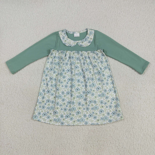 RTS NO MOQ (In stock)GLD1087 Baby Girls Winter Dress Baby Girls Aqua Long Sleeves Flowers Plaid Knee Length Dresses