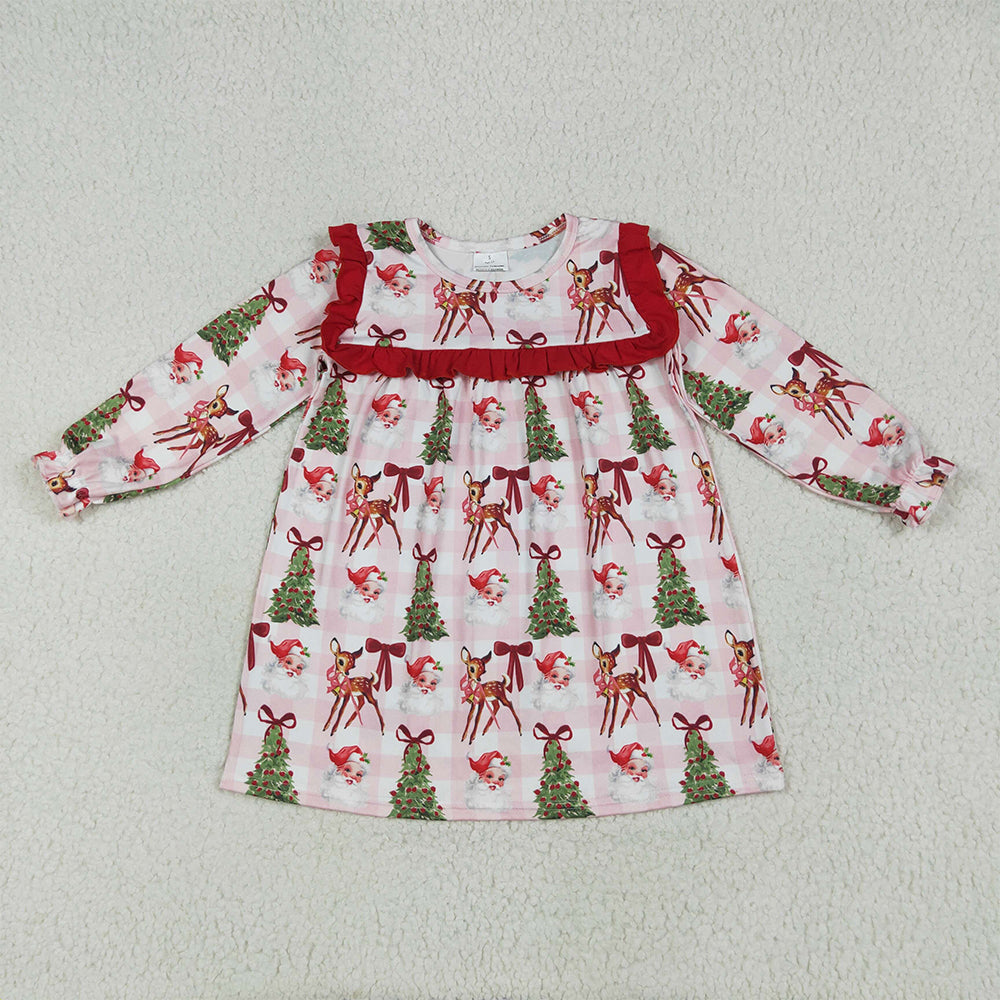 8.15 GLD1092 RTS NO MOQ Baby Girls Winter Dress Baby Girls Plaid Long Ruffle Sleeves Santa Trees Knee Length Dresses
