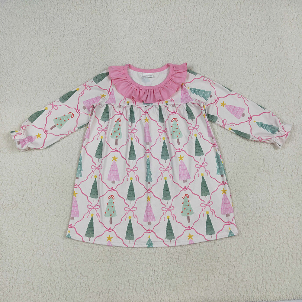 8.15 GLD1093 RTS NO MOQ Baby Girls Winter Dress baby girl clothes Christmas trees bow pink long sleeve dress