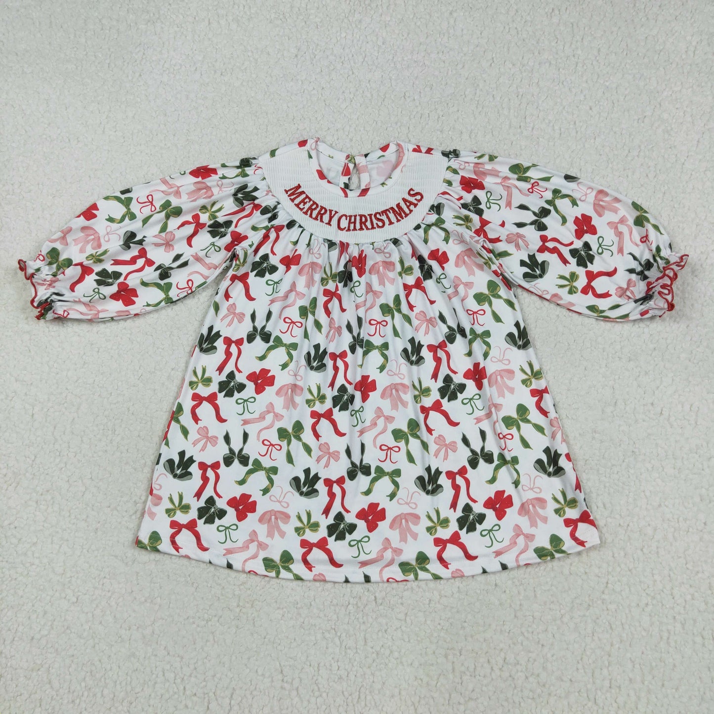 RTS NO MOQ (In stock)GLD1094 Baby Girls Winter Dress Baby Girls Smocked Embroidery Merry Christmas Colorful Bows Knee Length Dresses