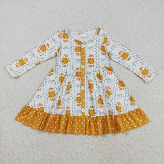 RTS NO MOQ (In stock)GLD1111 Baby Girls Winter Dress Baby Girls Long Sleeves Pumpkins Bows Plaid Button Ruffle Knee Length Dresses