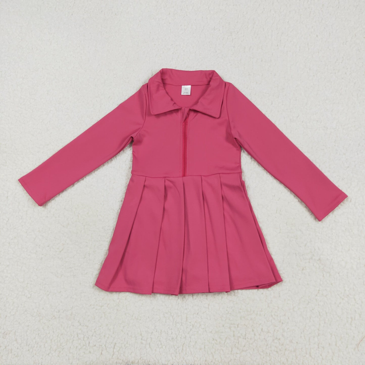 RTS NO MOQ (In stock)GLD1146 Baby Girls Yoga Dress Baby Girls Hotpink Long Sleeves Zipper Yoga Pleated Knee Length Dresses